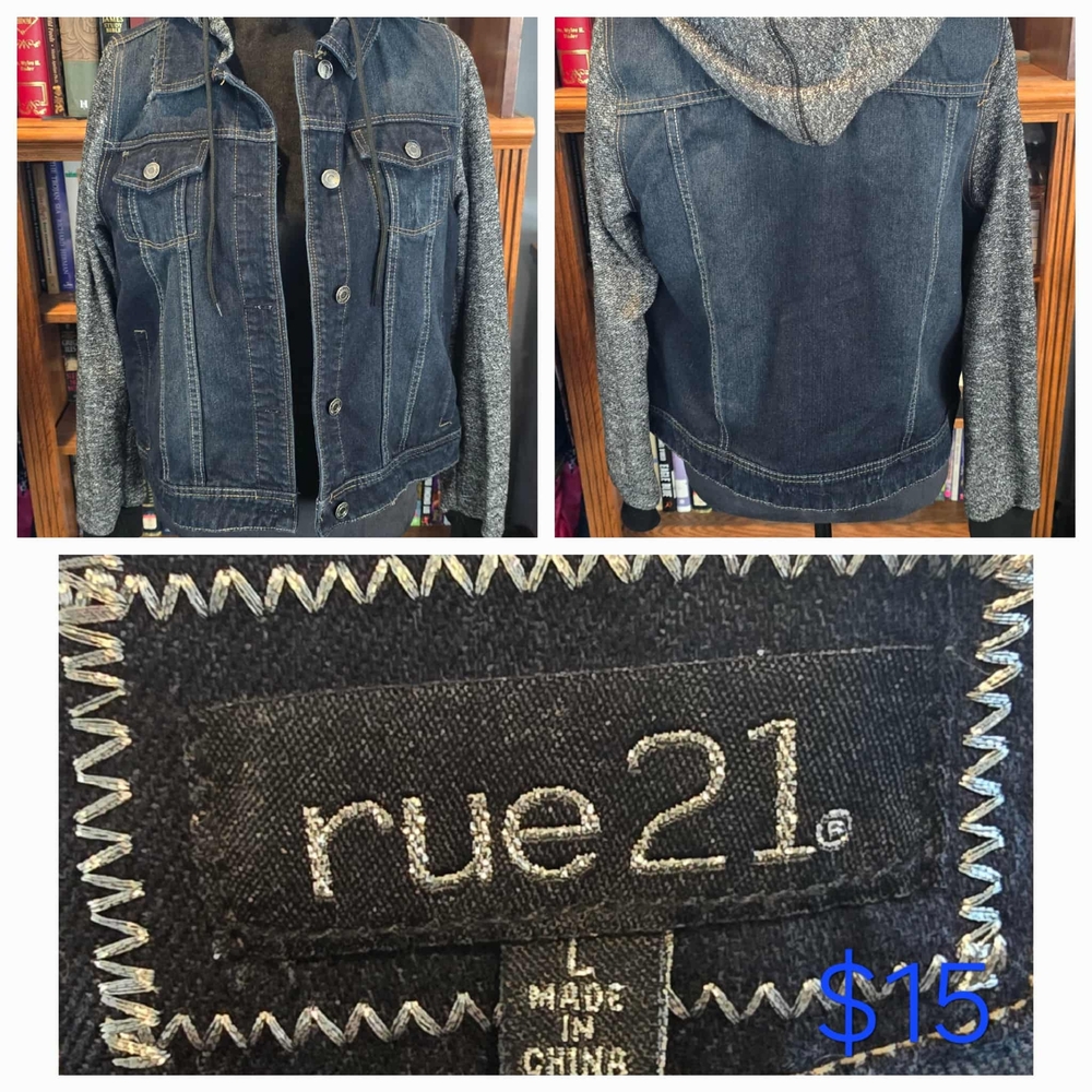 Rue21 Blue Denim Jacket with Gray Knit Sleeves